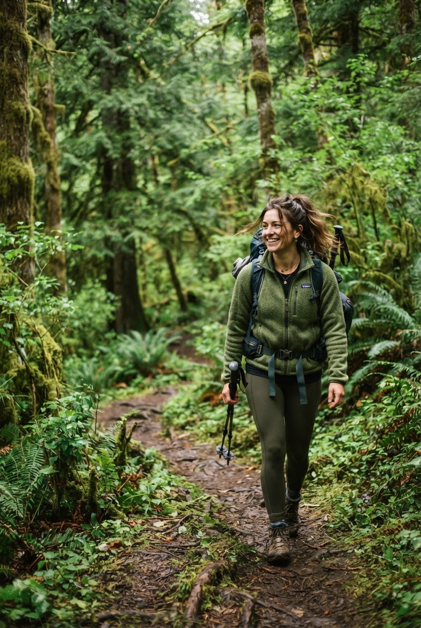 A hiker walking through a coastal forest